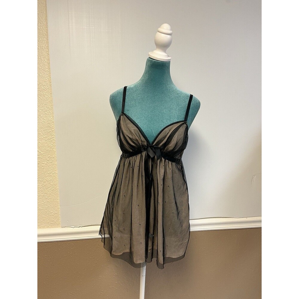 Victoria Secret Lingerie Babydoll‎ Large Black Cream Lace Overlay Rhinestone
